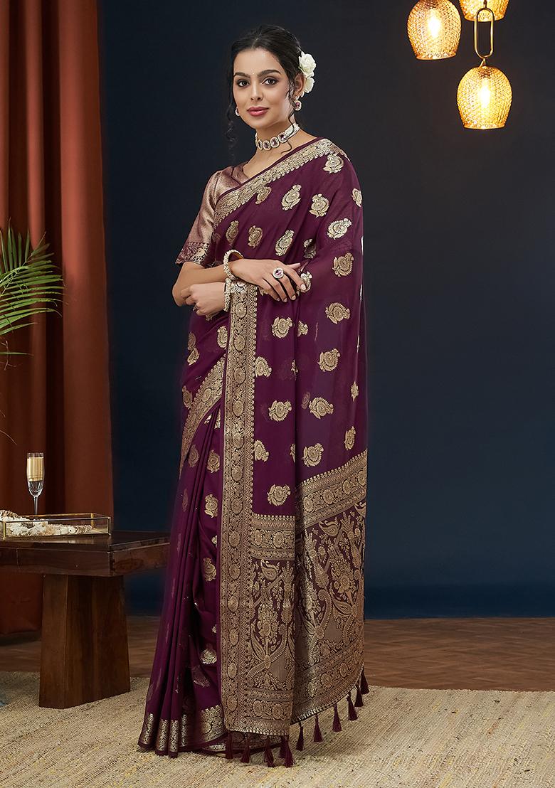 Wine Floral Print Georgette Saree Set