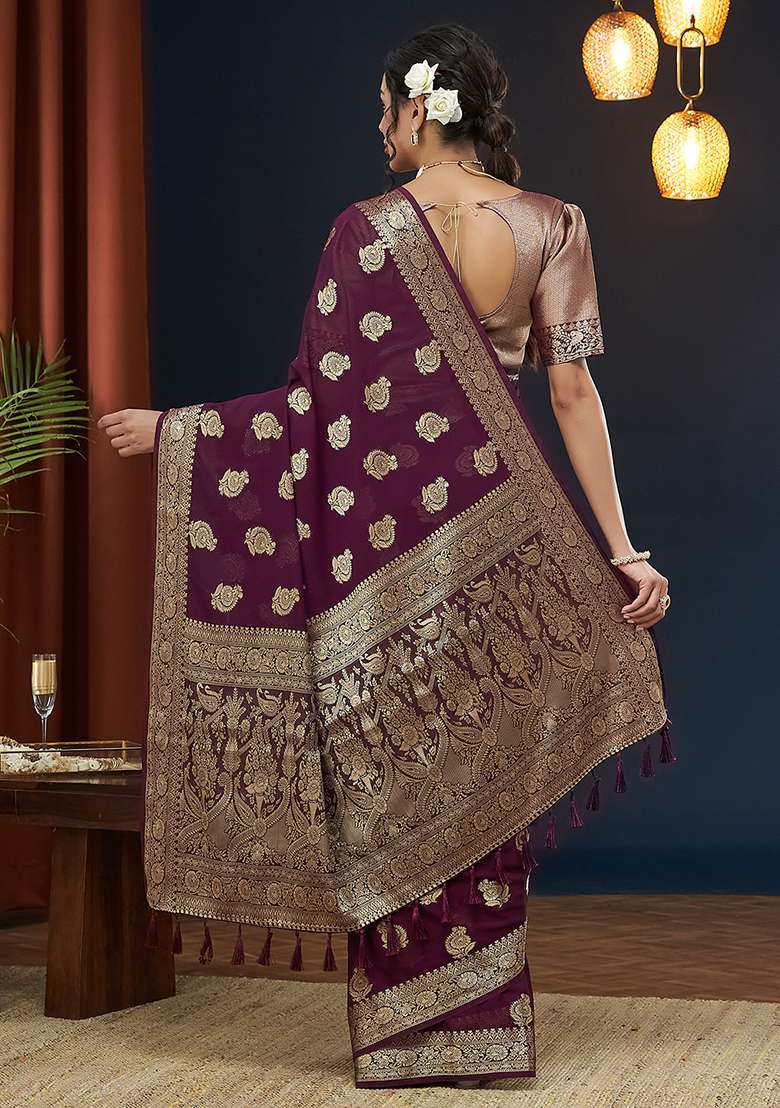 Wine Floral Print Georgette Saree Set - Indya