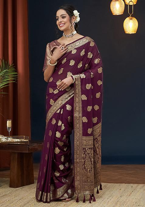 Wine Floral Print Georgette Saree Set