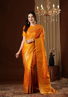 Yellow Zari Embroidered Satin Saree Set