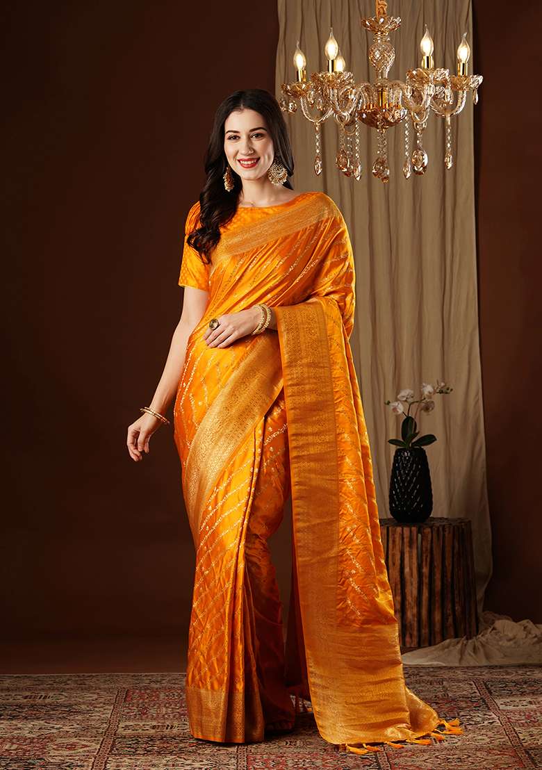 Yellow Zari Embroidered Satin Saree Set - Indya