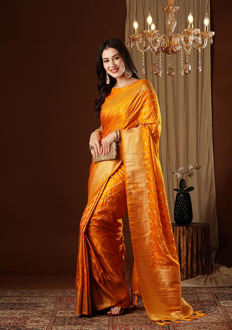 Yellow Zari Embroidered Satin Saree Set