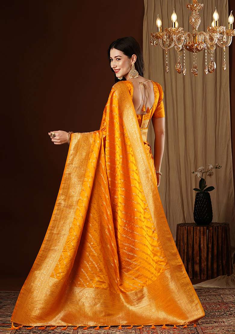 Yellow Zari Embroidered Satin Saree Set - Indya