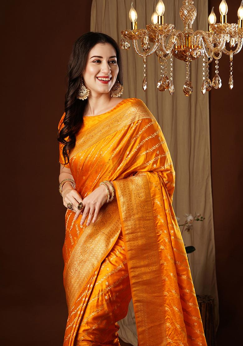 Yellow Zari Embroidered Satin Saree Set