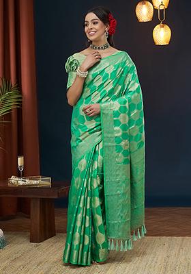 Green Weaving Blended Silk Saree Set