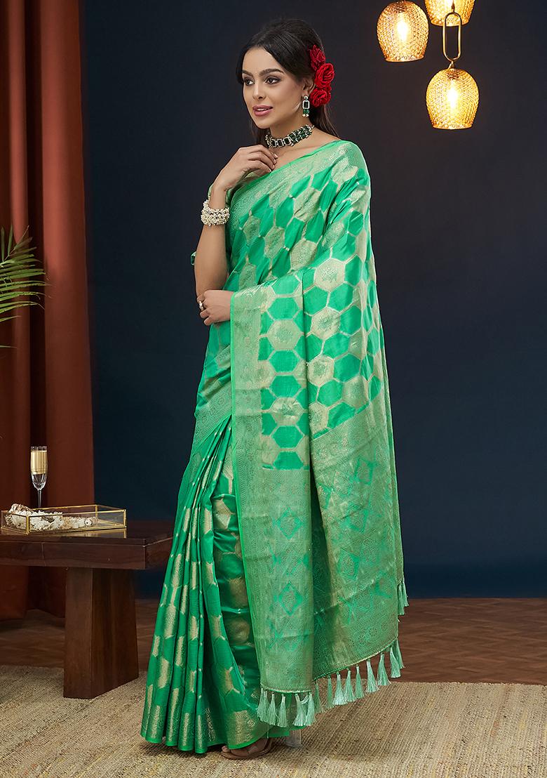 Green Weaving Blended Silk Saree Set