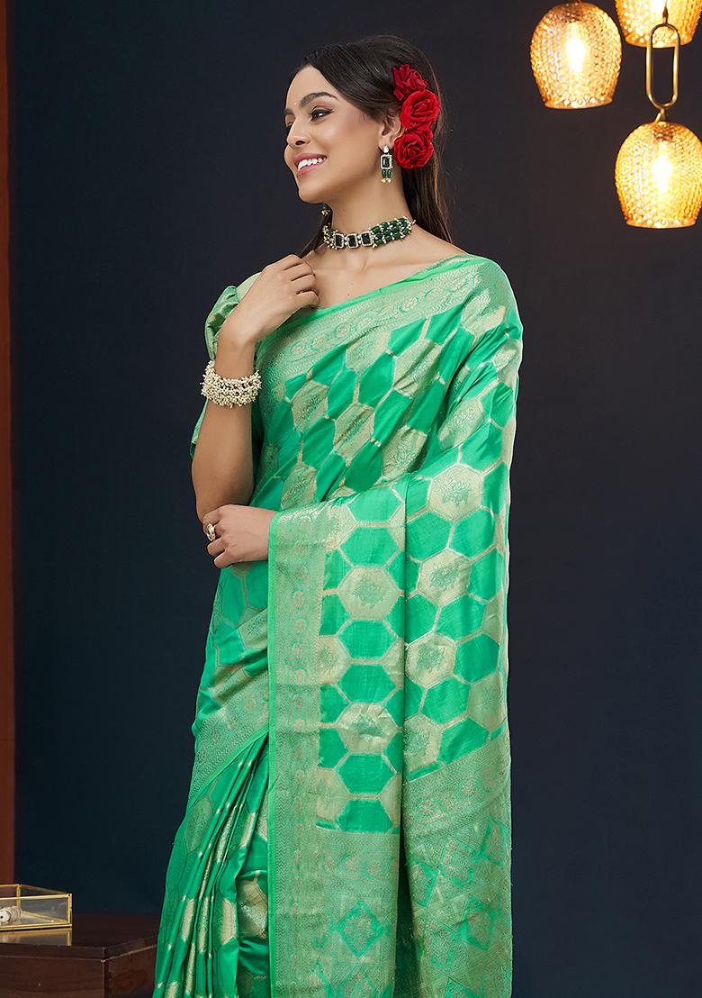 Green Weaving Blended Silk Saree Set
