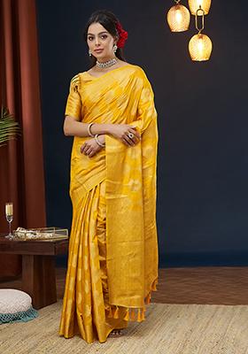 Yellow Weaving Blended Silk Saree Set