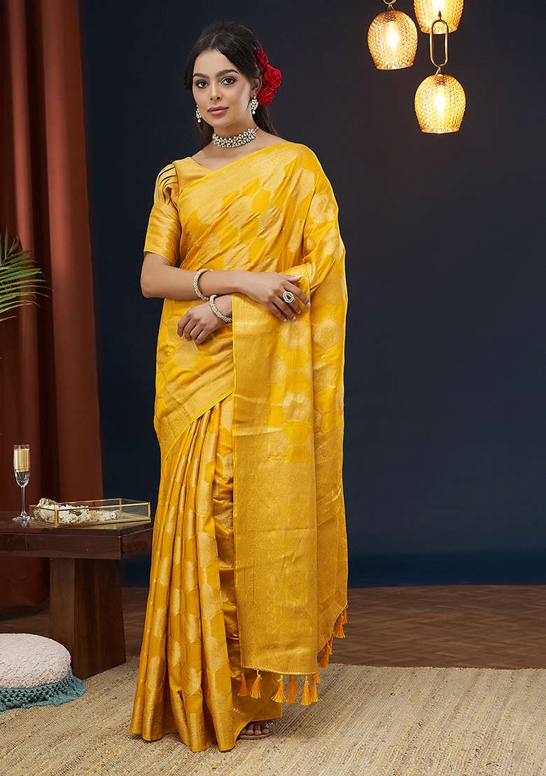 Yellow Weaving Blended Silk Saree Set - Indya