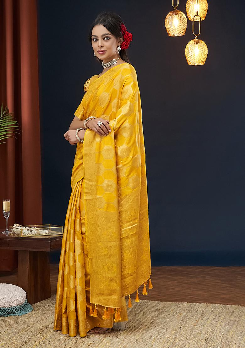 Yellow Weaving Blended Silk Saree Set