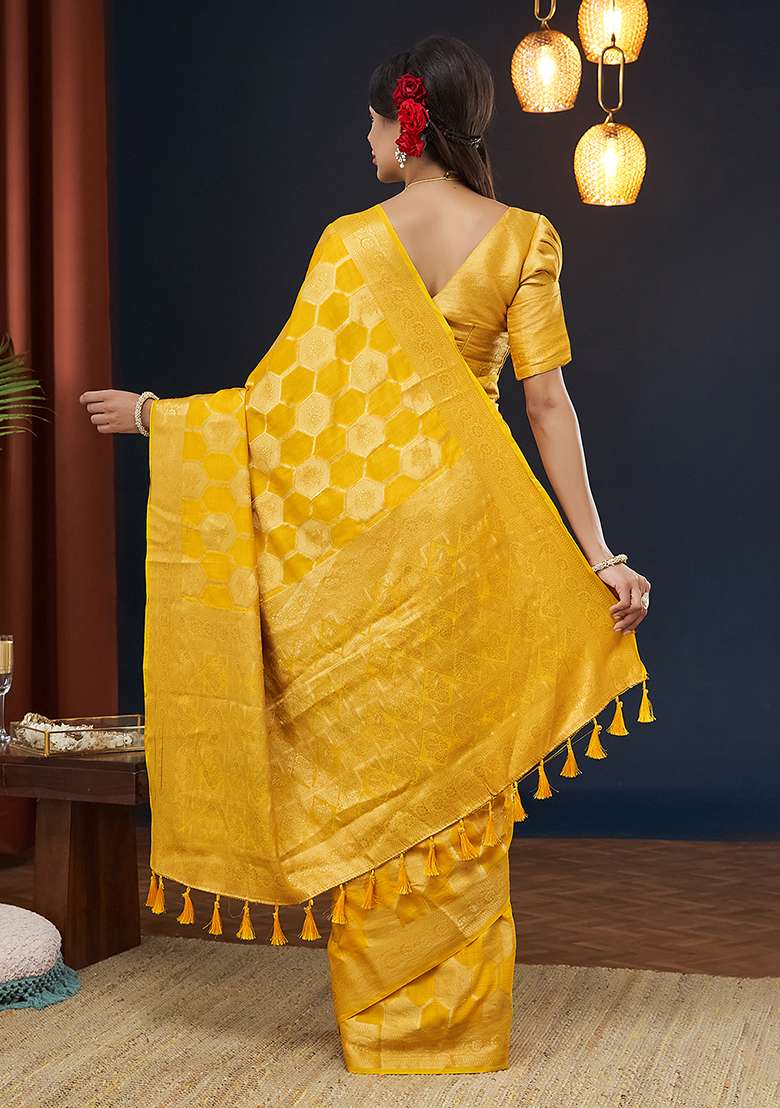 Yellow Weaving Blended Silk Saree Set - Indya