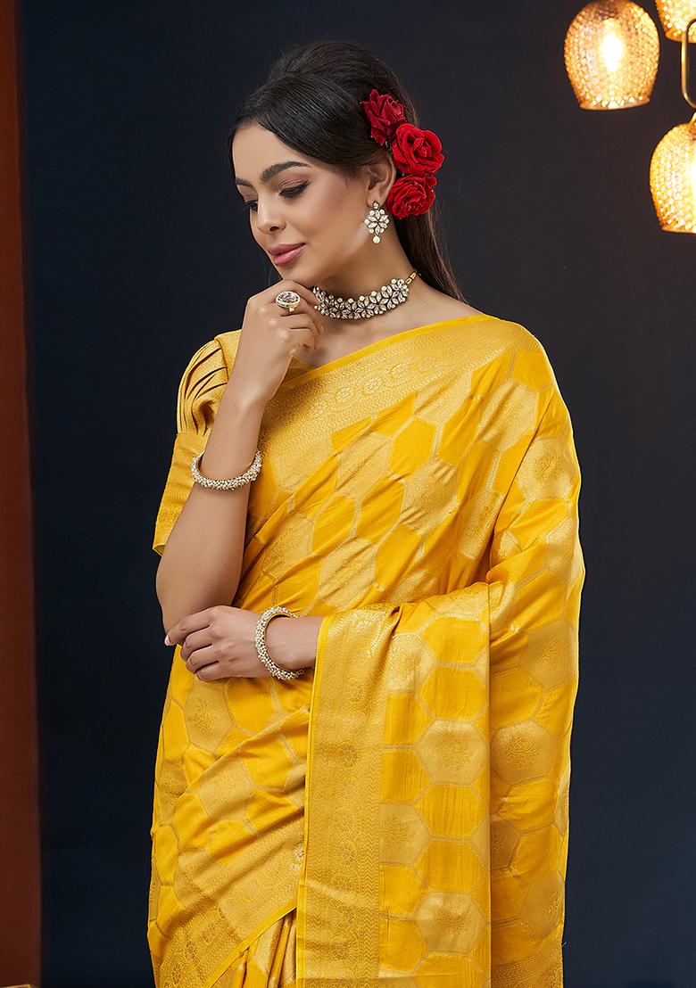 Yellow Weaving Blended Silk Saree Set