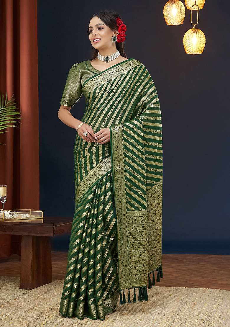 Green Zari Embroidered Georgette Saree Set - Indya