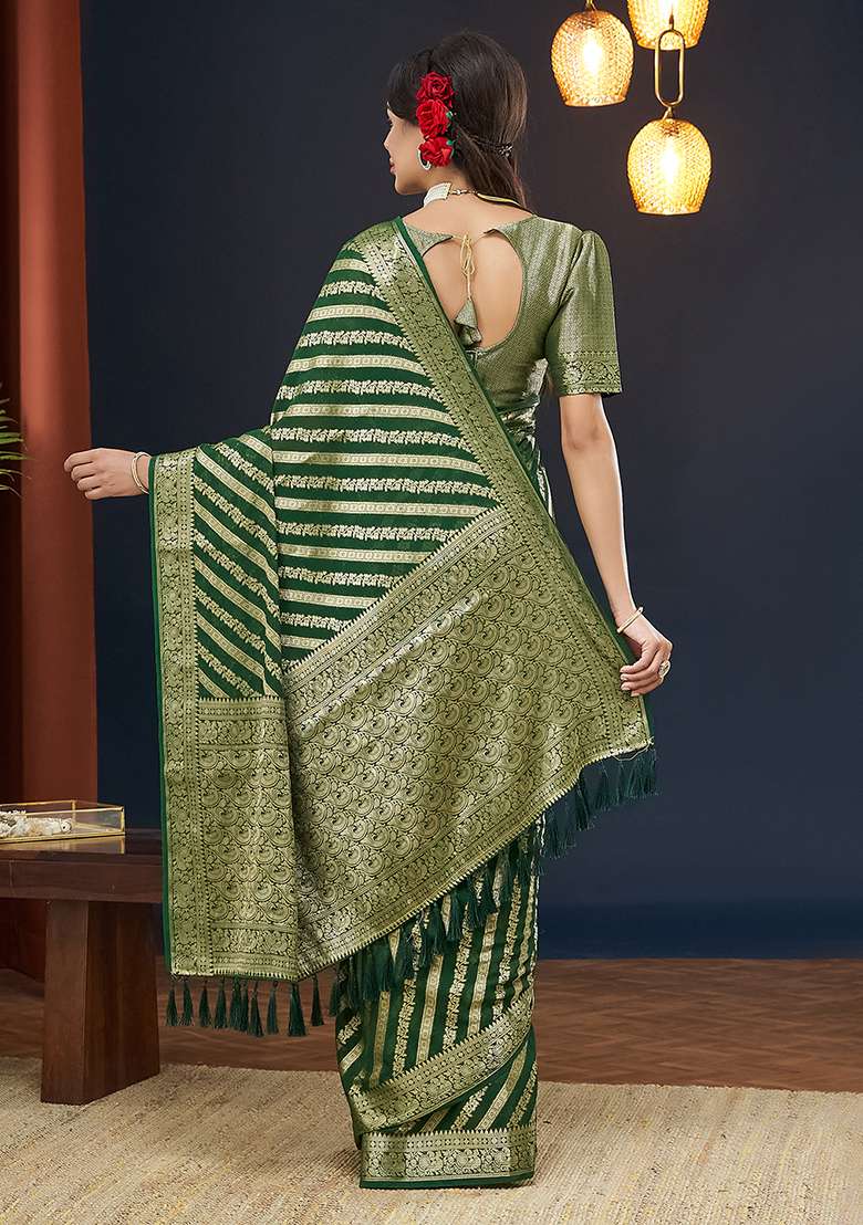 Green Zari Embroidered Georgette Saree Set - Indya
