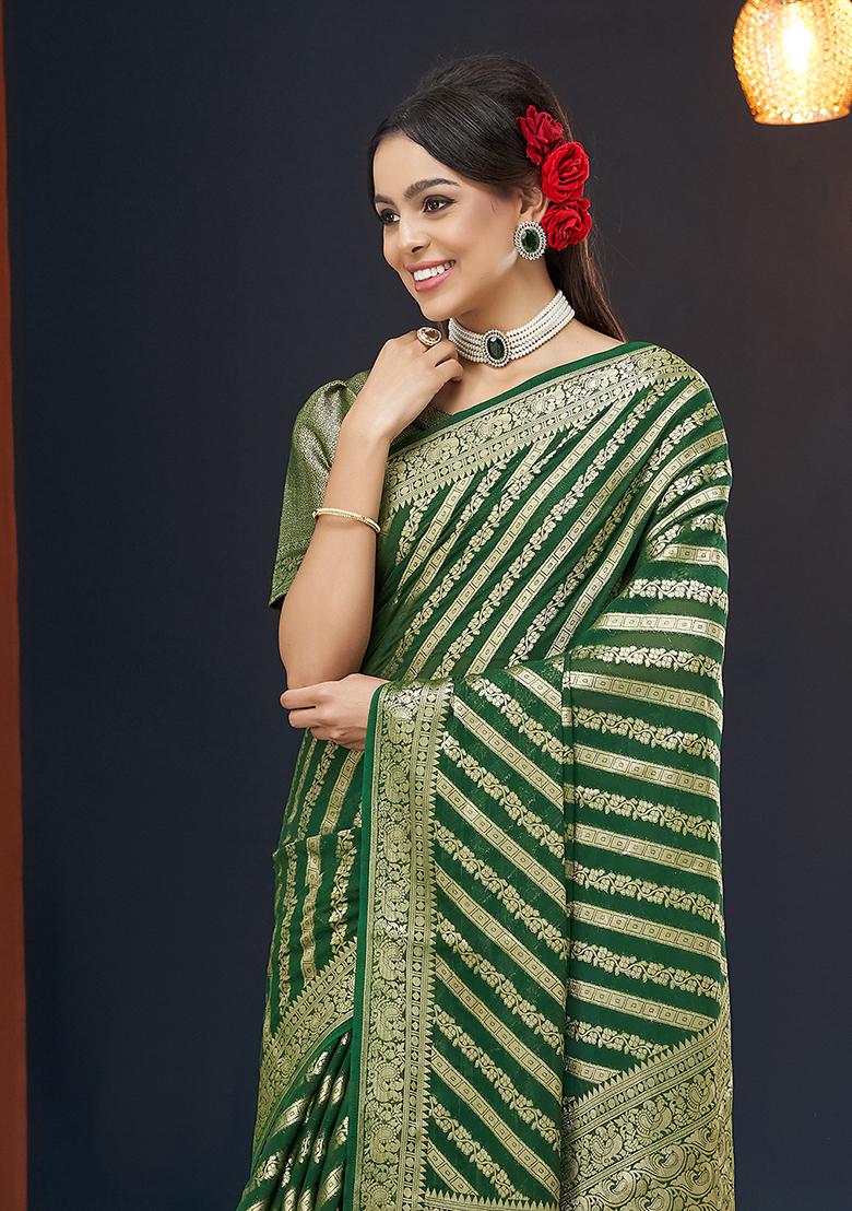 Green Zari Embroidered Georgette Saree Set