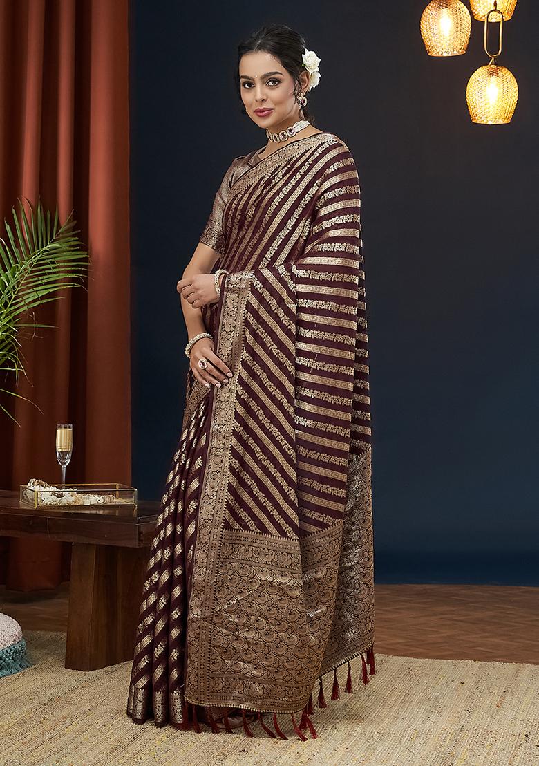 Maroon Zari Embroidered Georgette Saree Set