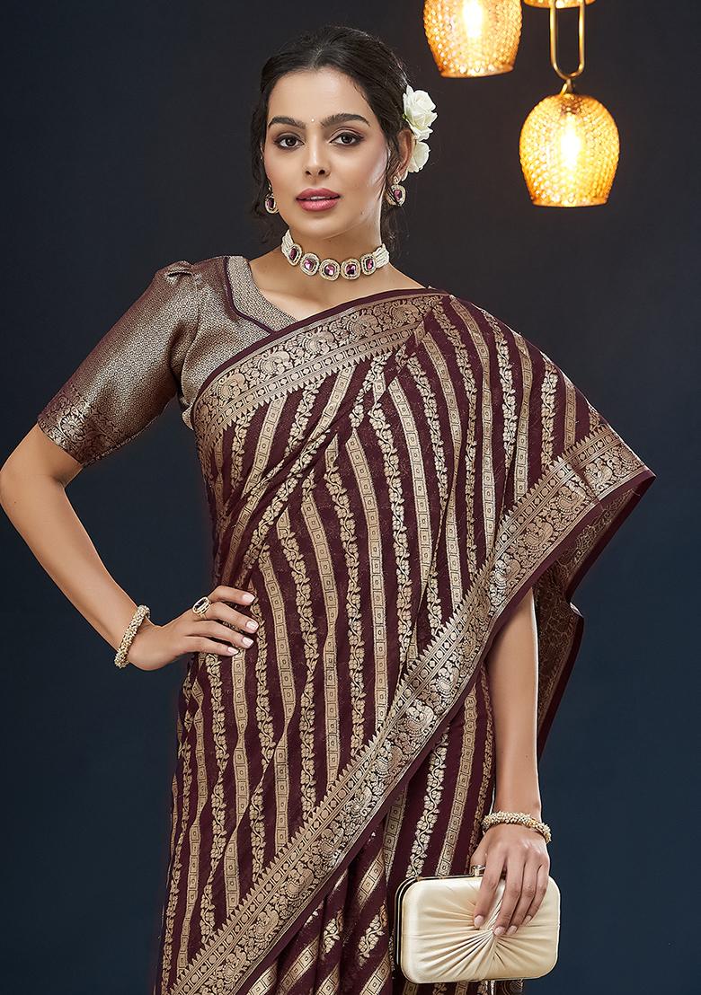 Maroon Zari Embroidered Georgette Saree Set