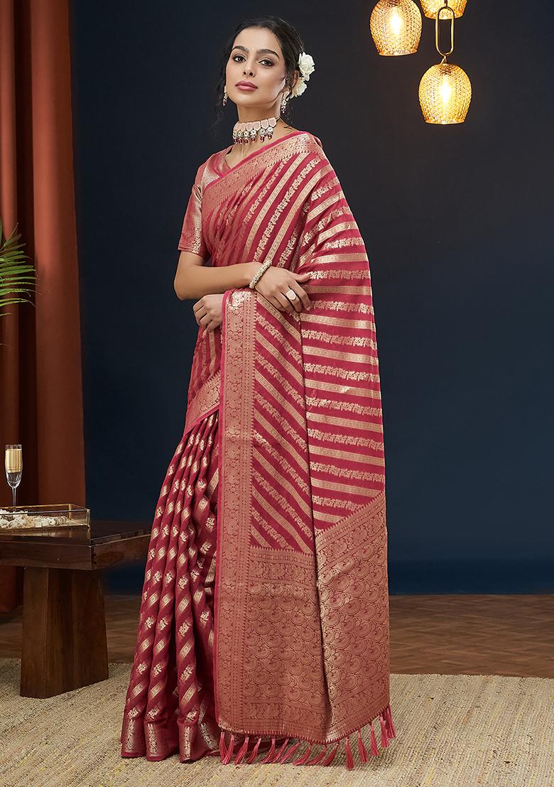 Pink Zari Embroidered Georgette Saree Set