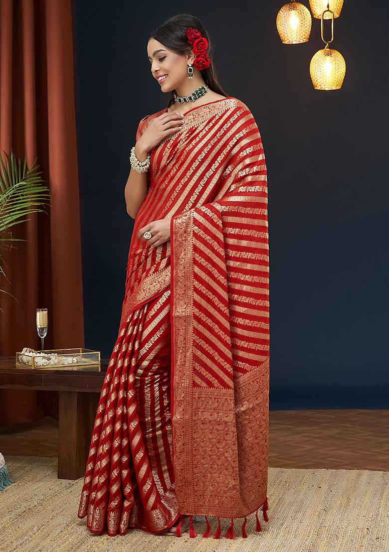 Red Zari Embroidered Georgette Saree Set