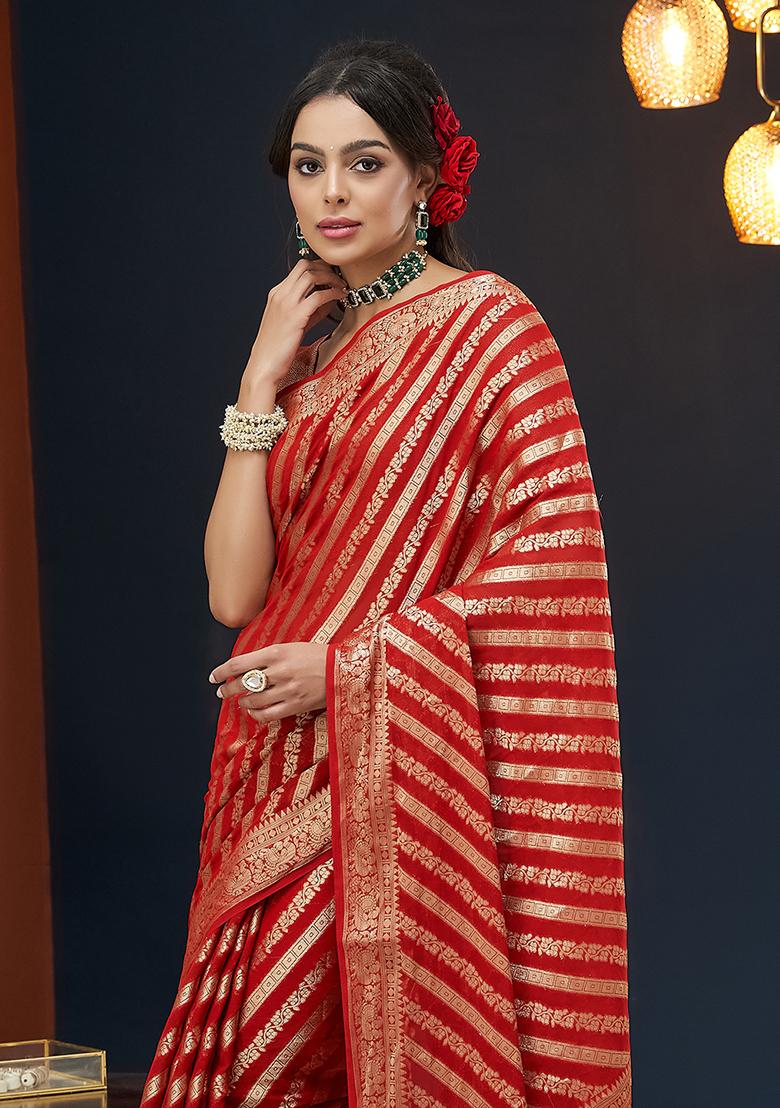 Red Zari Embroidered Georgette Saree Set