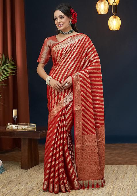 Red Zari Embroidered Georgette Saree Set