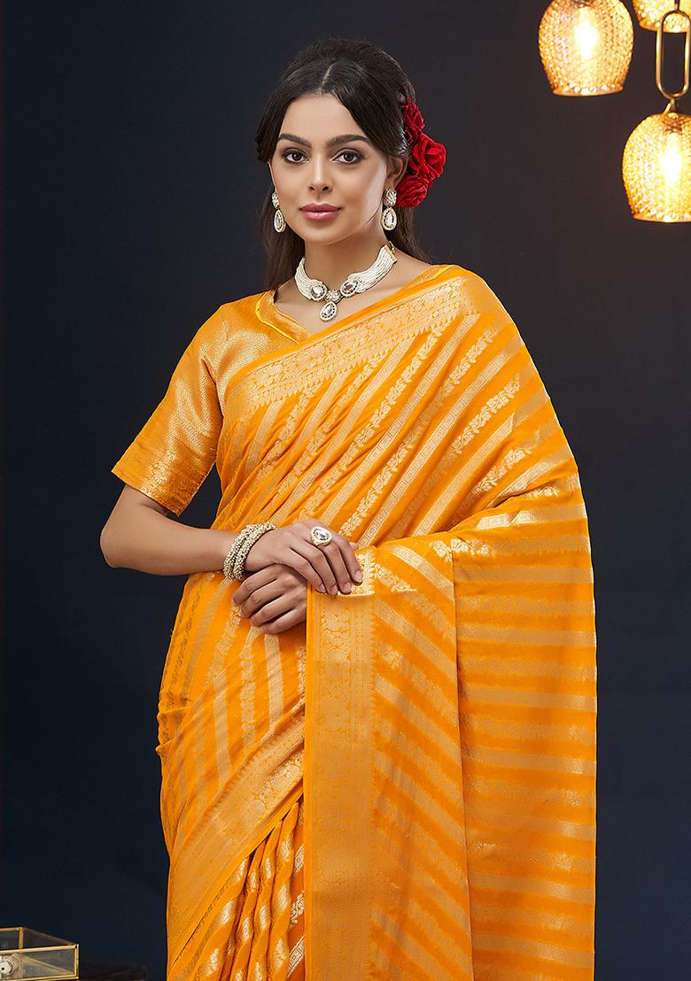 Yellow Zari Embroidered Georgette Saree Set