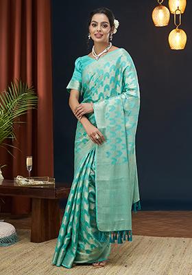 Aqua Blue Zari Work Georgette Saree Set