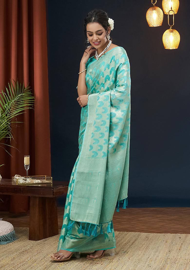 Aqua Blue Zari Work Georgette Saree Set