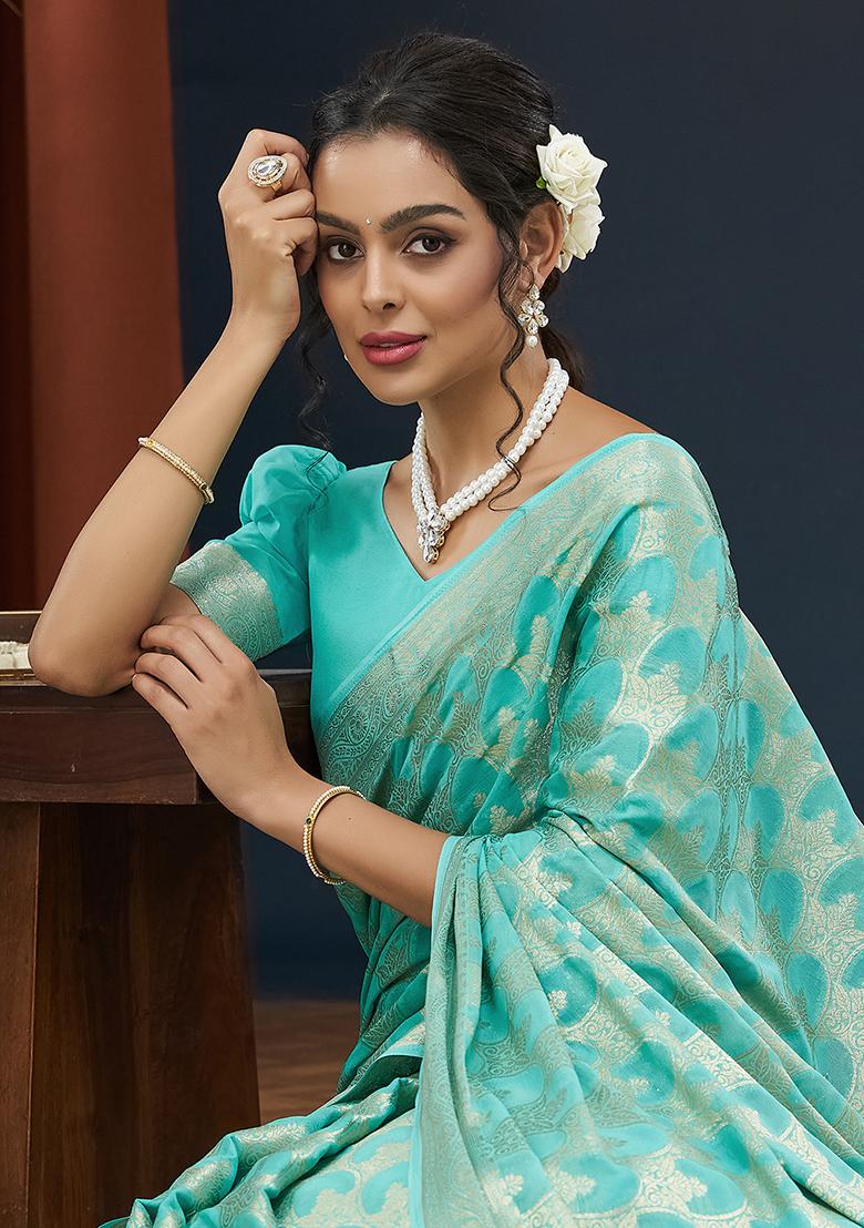Aqua Blue Zari Work Georgette Saree Set