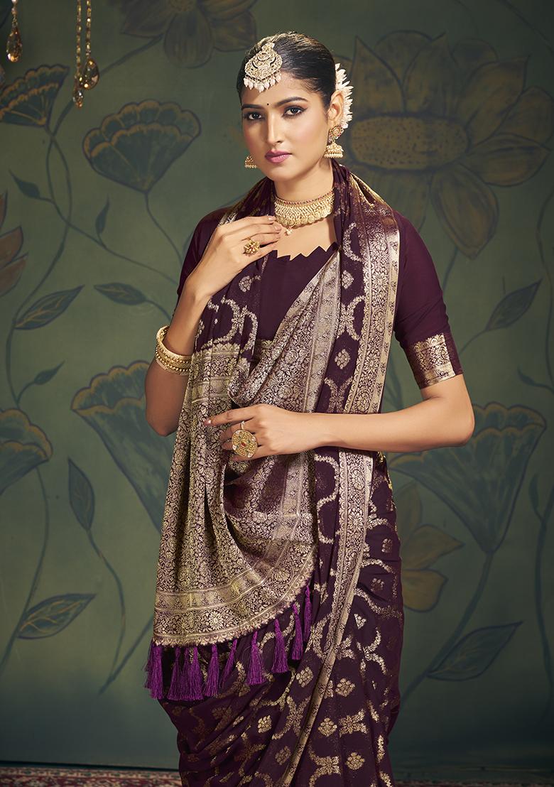Coffee Brown Zari Embroidered Georgette Saree Set