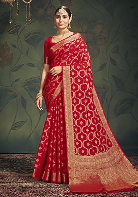 Red Zari Embroidered Georgette Saree Set