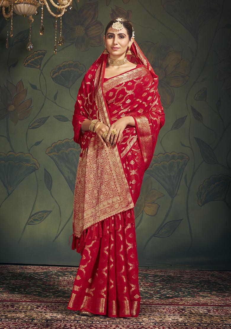 Red Zari Embroidered Georgette Saree Set