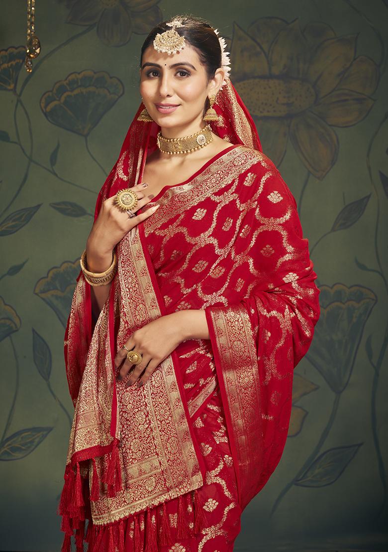 Red Zari Embroidered Georgette Saree Set