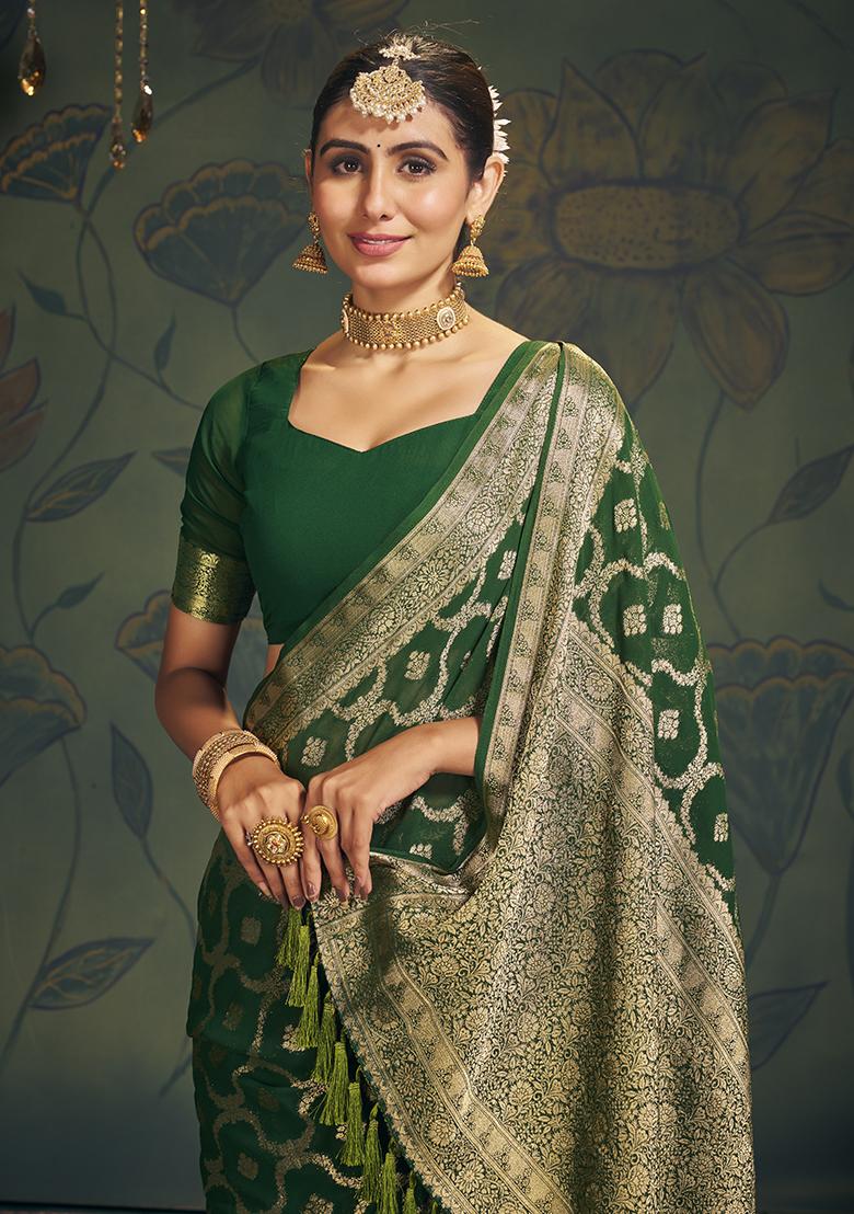 Green Zari Embroidered Georgette Saree Set