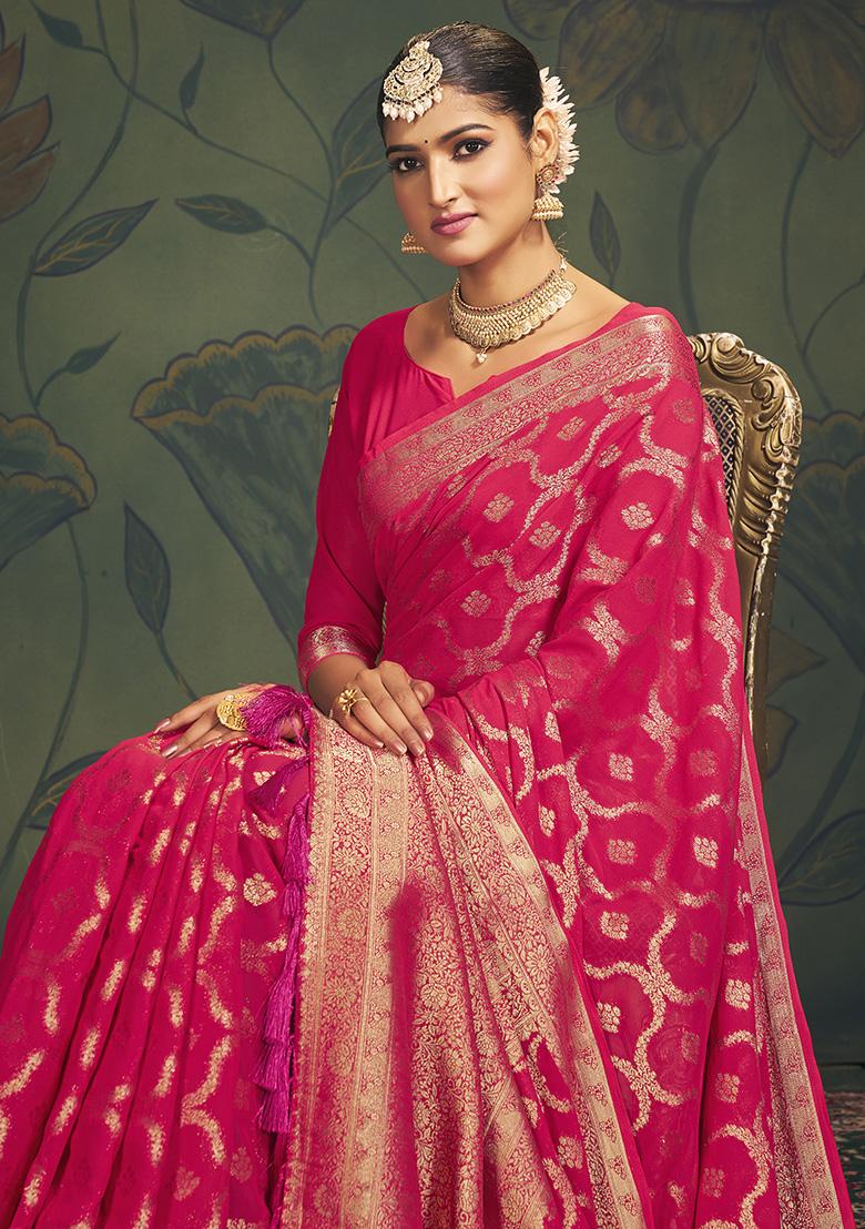 Pink Zari Embroidered Georgette Saree Set