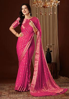 Pink Zari Embroidered Chiffon Saree Set