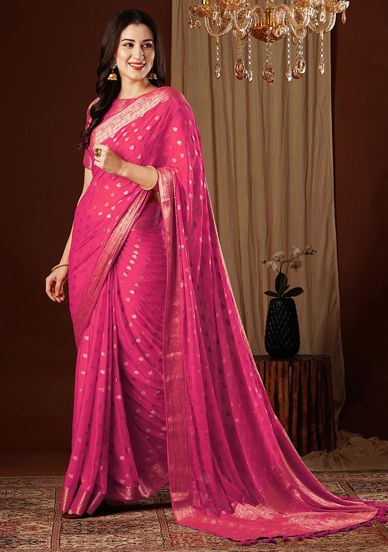 Pink Zari Embroidered Chiffon Saree Set