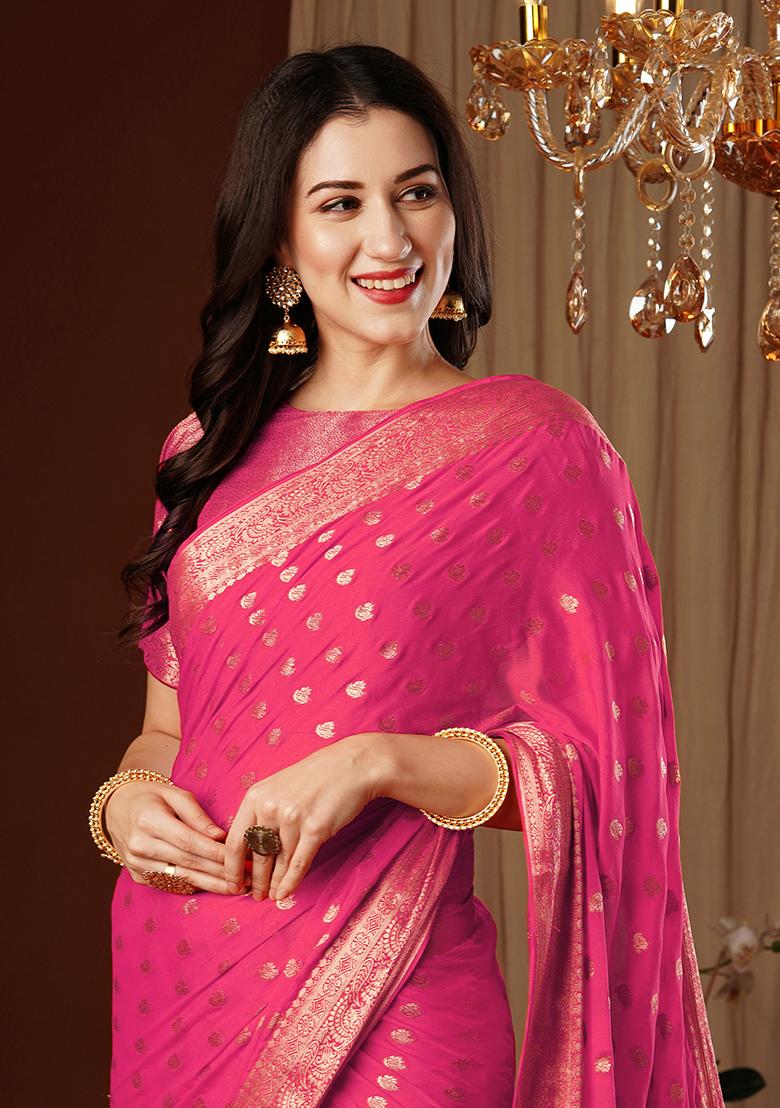 Pink Zari Embroidered Chiffon Saree Set
