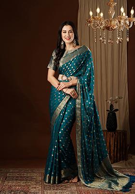 Petroleum Blue  Zari Embroidered Chiffon Saree Set