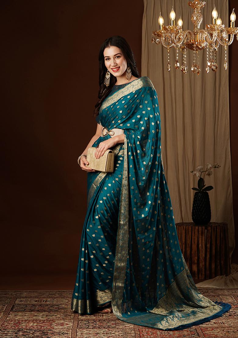 Petroleum Blue  Zari Embroidered Chiffon Saree Set