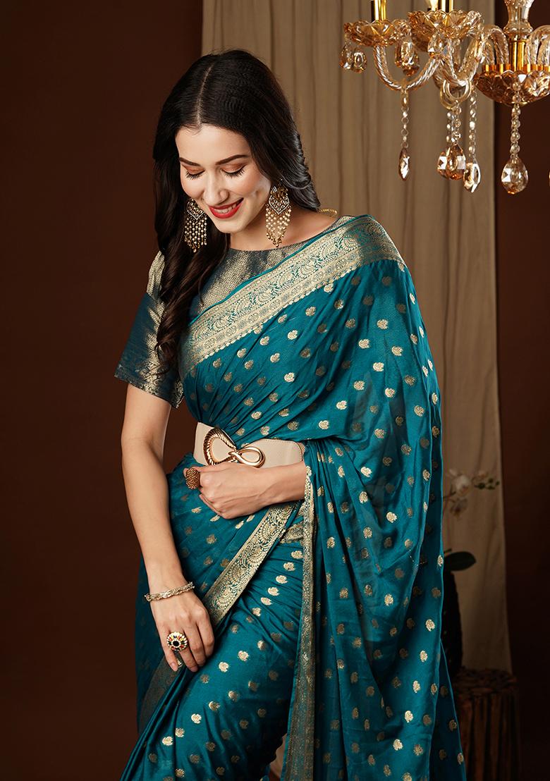 Petroleum Blue  Zari Embroidered Chiffon Saree Set