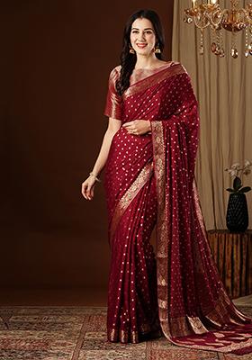 Maroon Zari Embroidered Chiffon Saree Set