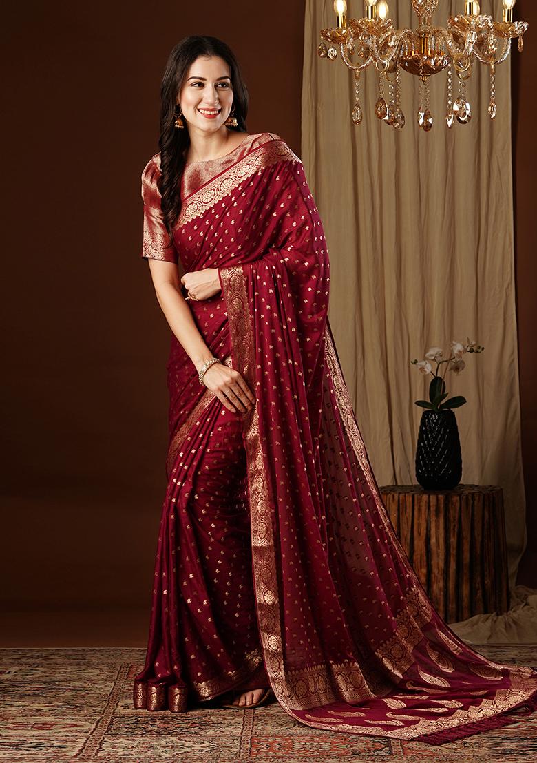 Maroon Zari Embroidered Chiffon Saree Set