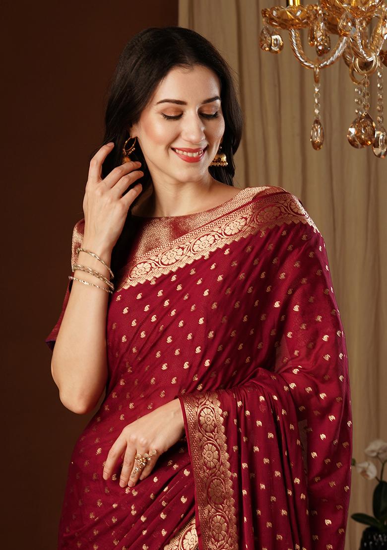 Maroon Zari Embroidered Chiffon Saree Set