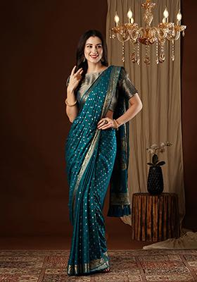 Petroleum Blue  Zari Embroidered Chiffon Saree Set