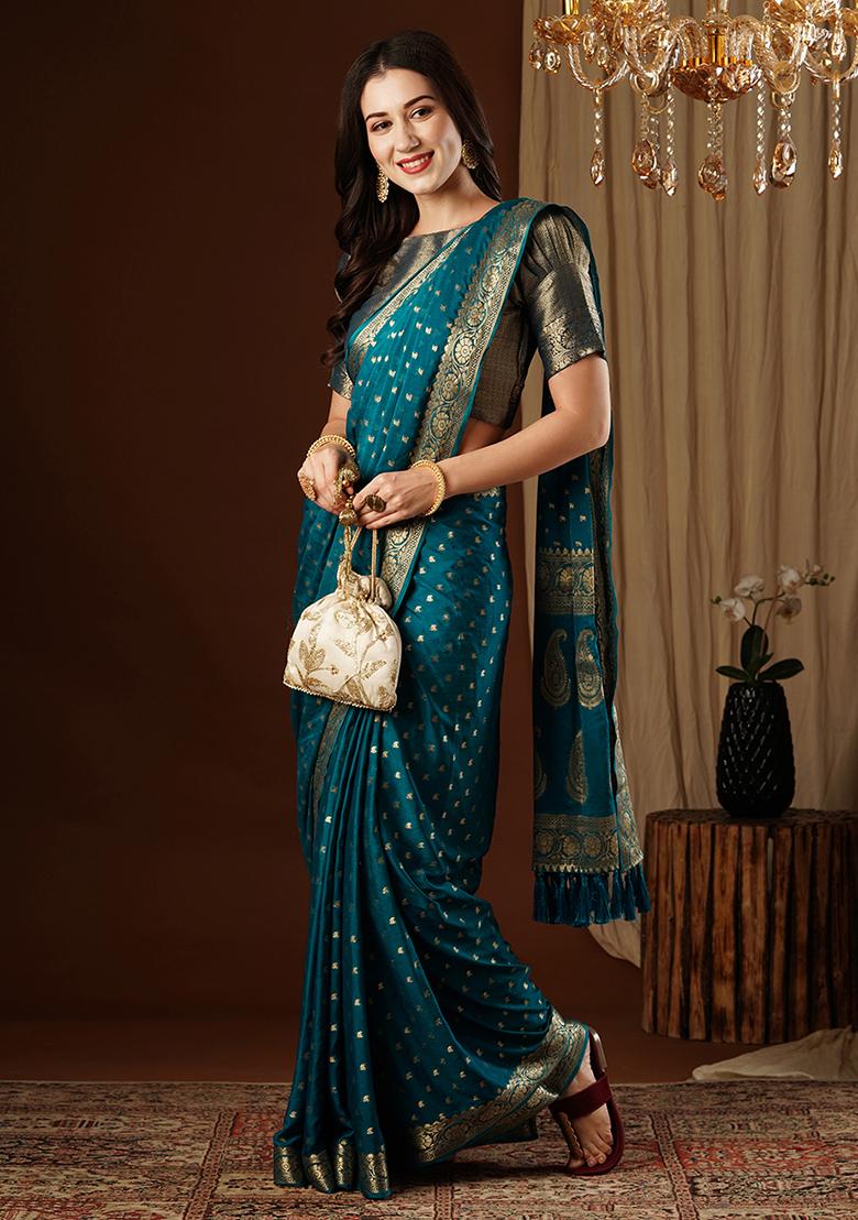 Petroleum Blue  Zari Embroidered Chiffon Saree Set