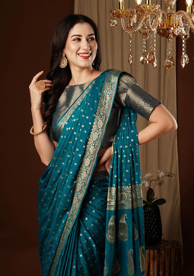 Petroleum Blue  Zari Embroidered Chiffon Saree Set