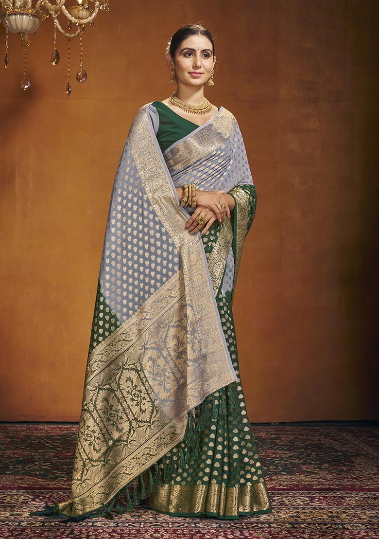 Green Zari Embroidered Georgette Saree Set