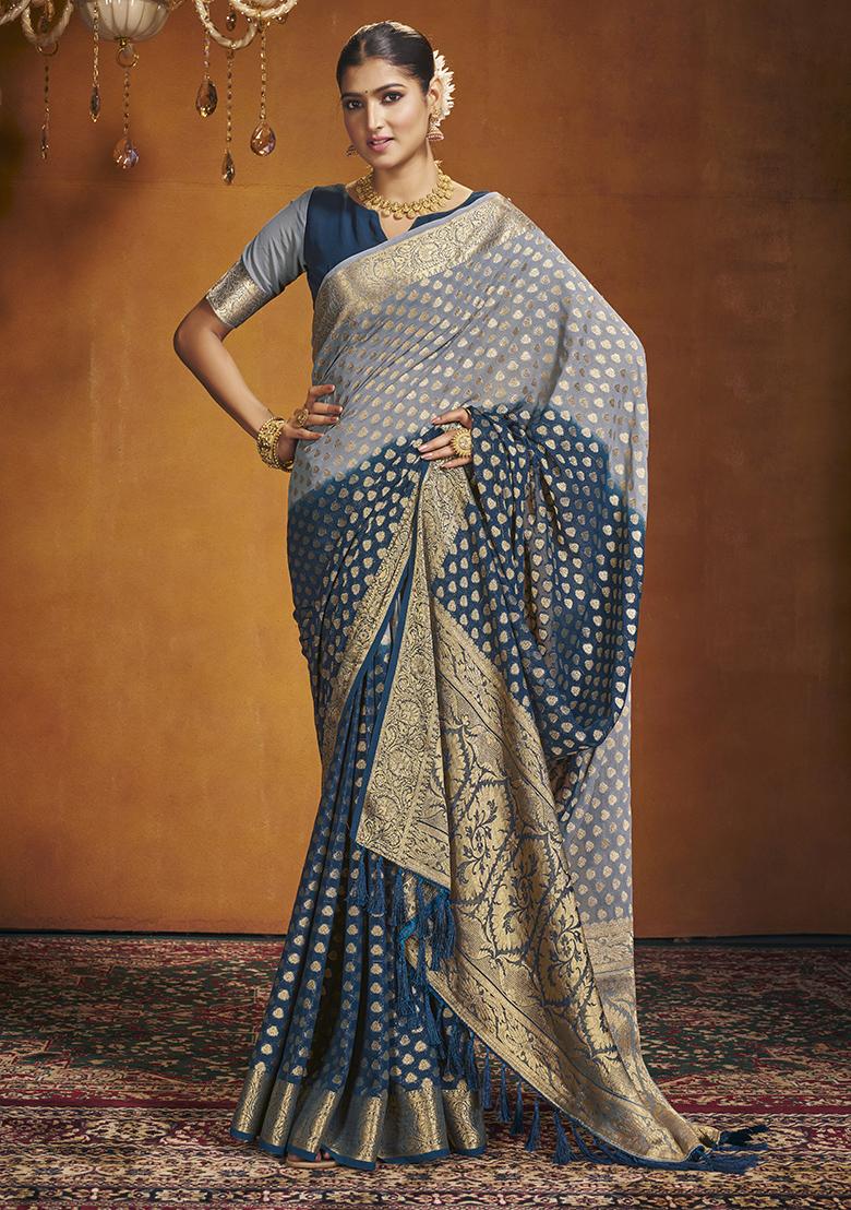 Blue Zari Embroidered Georgette Saree Set