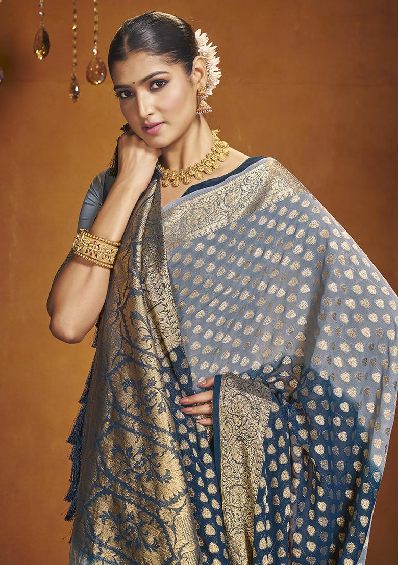 Blue Zari Embroidered Georgette Saree Set